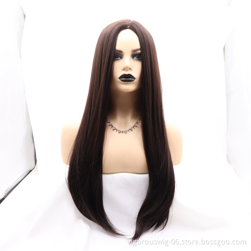 Vigorous cheap high quality long straight brown wholesale heat resistant for black women synthetic wig none lace